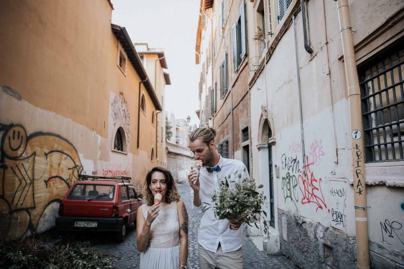 Sleeveless wedding dress with blue skirt by Anna Skoblikova